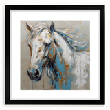 Black-framed wall art showcasing a wild horse design, featuring vibrant colors and intricate details, ideal for nature lovers and home decor enthusiasts.