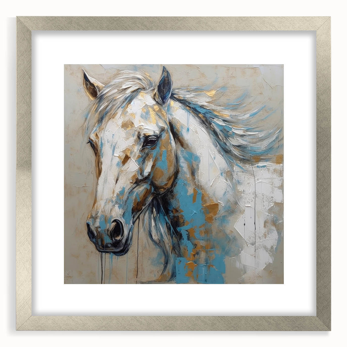 Framed wall art featuring a striking silver mat and a design of wild horses, showcasing their dynamic movement and beauty, ideal for equestrian-themed decor.