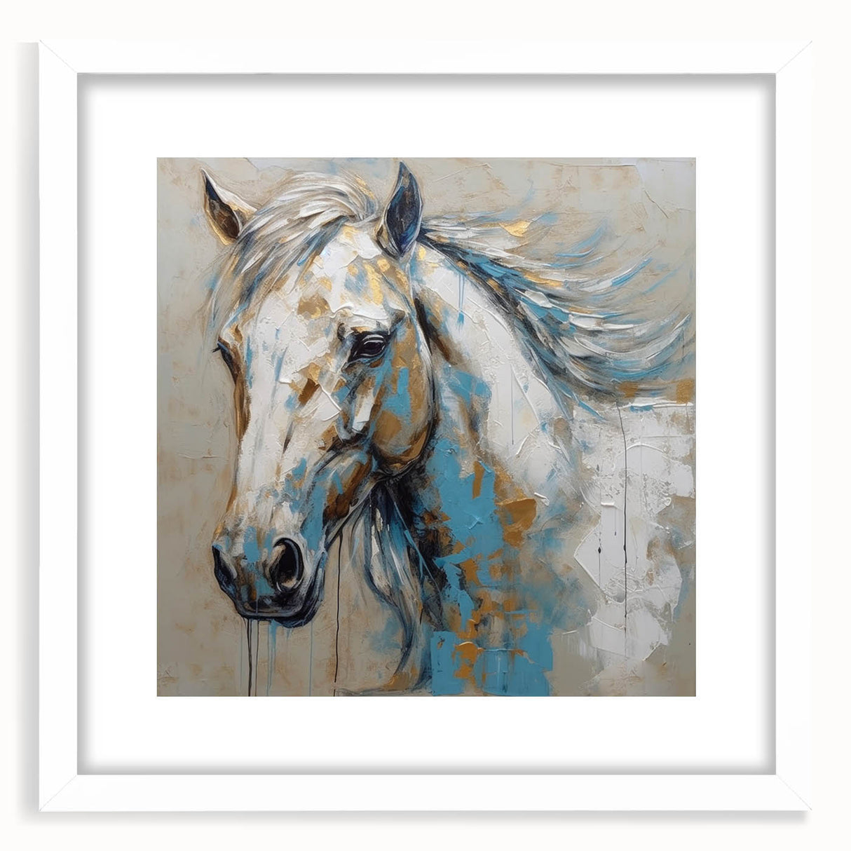 White-framed wall art collection featuring a stylized horse design, showcasing intricate details and vibrant colors, ideal for animal lovers and home decor enthusiasts.