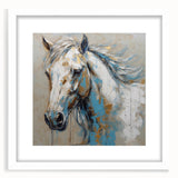 White-framed wall art collection featuring a stylized horse design, showcasing intricate details and vibrant colors, ideal for animal lovers and home decor enthusiasts.