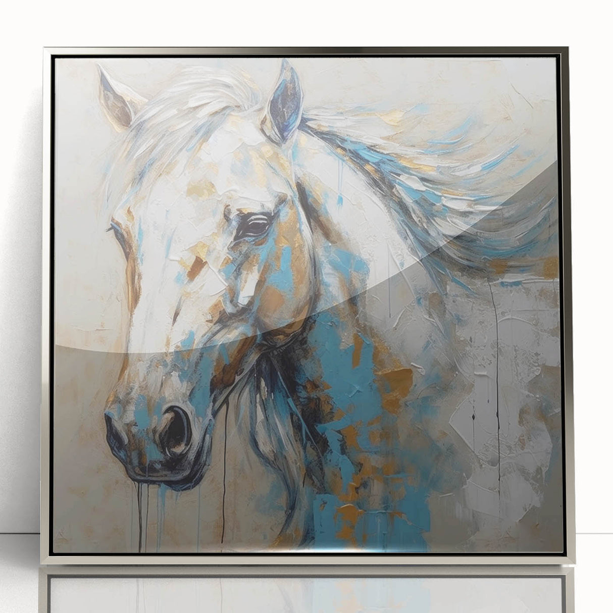 Framed wall art featuring a striking silver-accented design of a wild horse, showcasing intricate details and textures that enhance any modern decor. Perfect for animal lovers seeking stylish home accents.