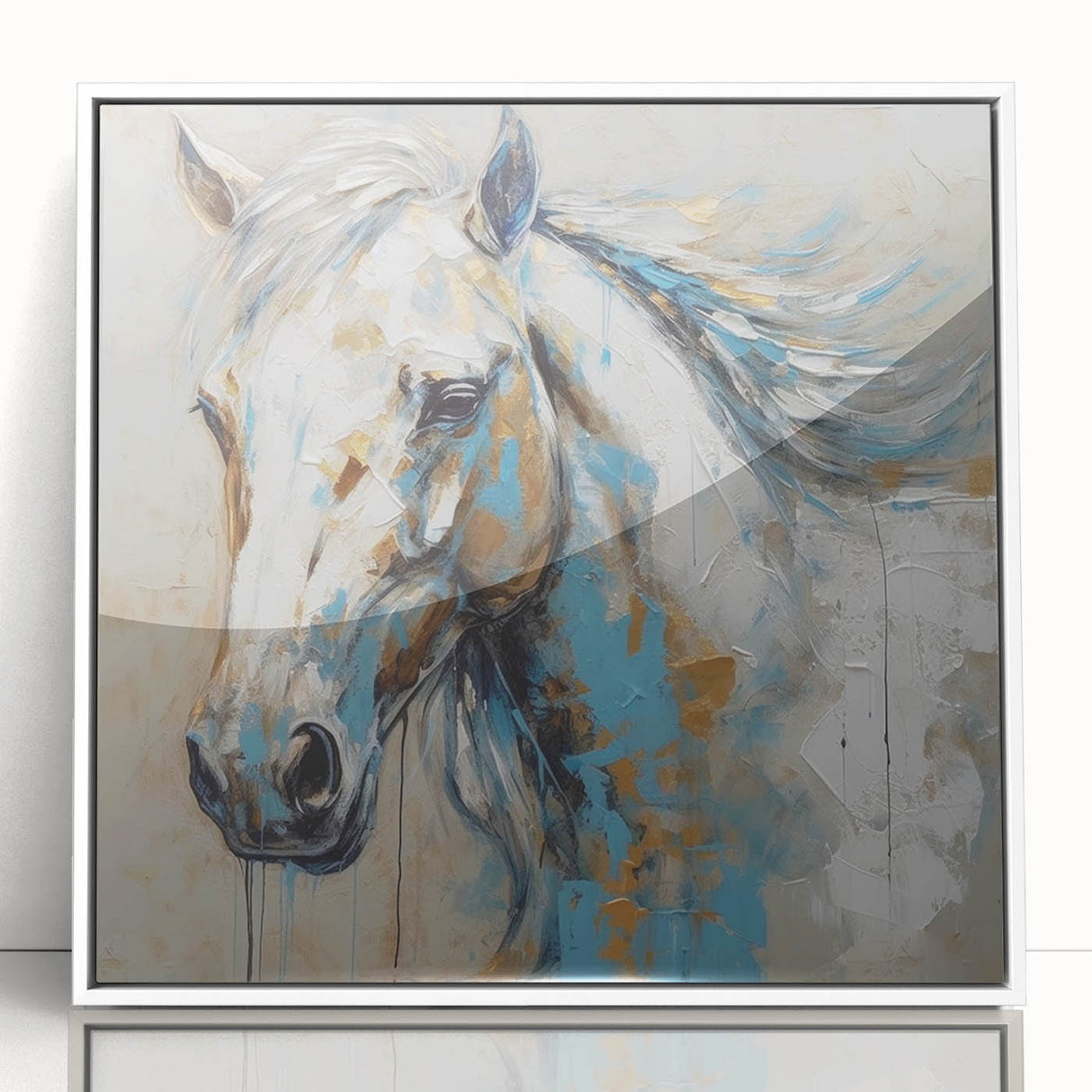 Framed wall art featuring a striking horse design in a white frame, showcasing vibrant colors and intricate details, perfect for animal lovers and modern decor.