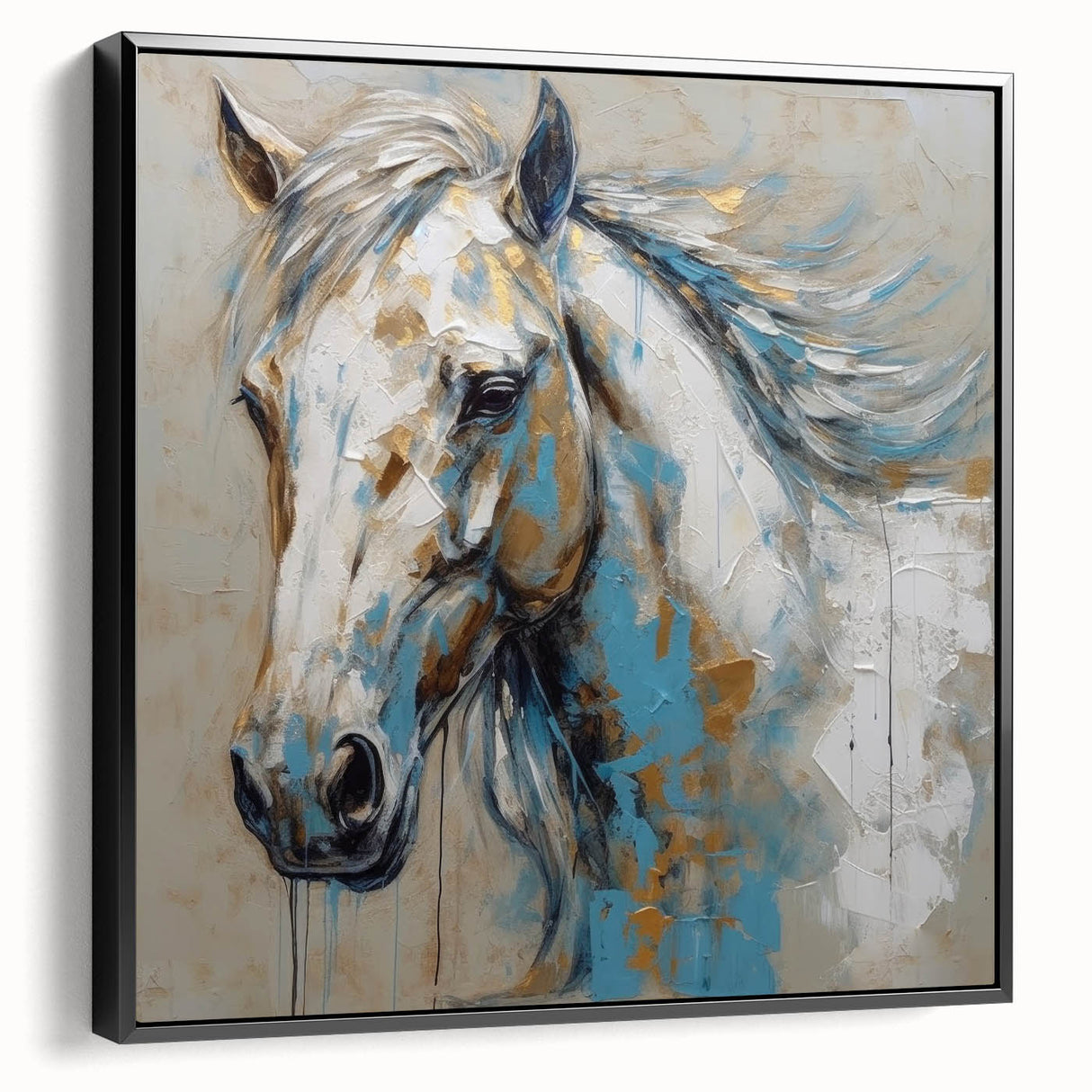Framed canvas wall art showcasing a striking side view of a wild horse design, featuring intricate details in earthy tones against a black background, perfect for animal lovers.