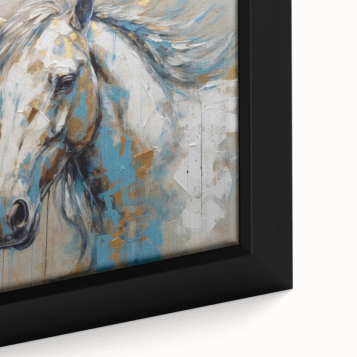 Close-up of a framed canvas wall art featuring a stunning wild horse design, showcasing intricate details and vibrant colors, perfect for animal lovers’ decor.