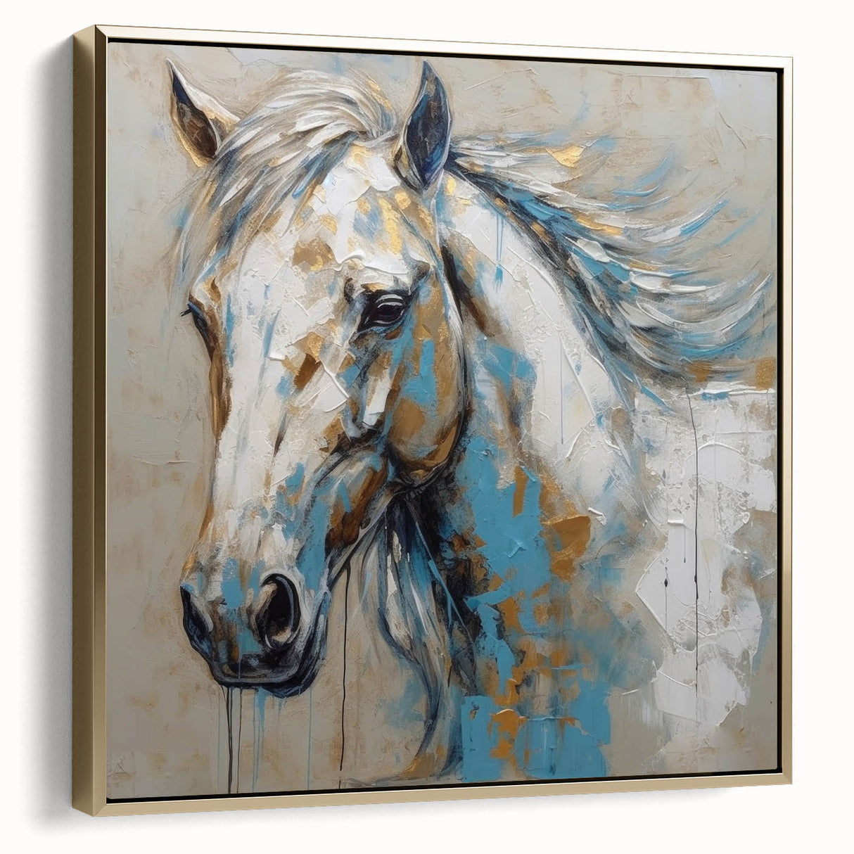 Framed canvas wall art featuring a golden horse design with intricate details, displayed in a stylish frame, perfect for animal lovers and modern home decor.