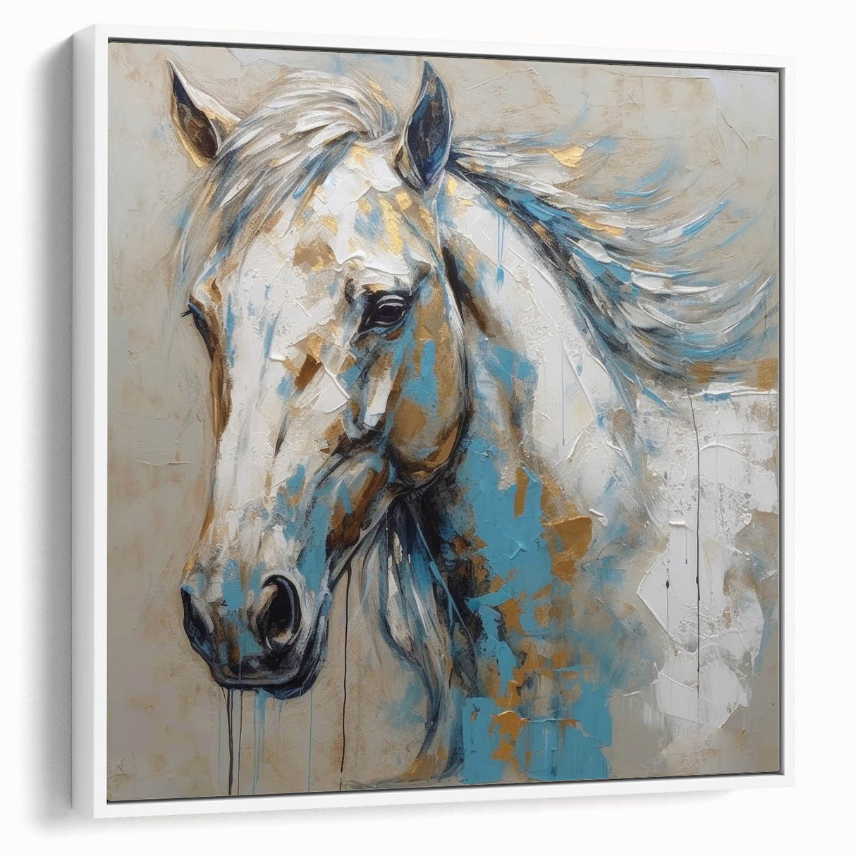 Framed canvas wall art showcasing a side view of a majestic horse design, featuring rich colors and intricate details, perfect for animal lovers and home decor enthusiasts.