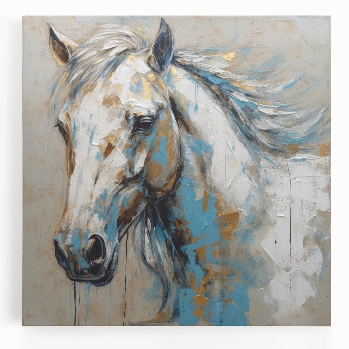 Stretched canvas wall art showcasing a majestic horse design in vibrant colors, perfect for animal lovers and home decor enthusiasts. Ideal for adding a touch of nature to any space.