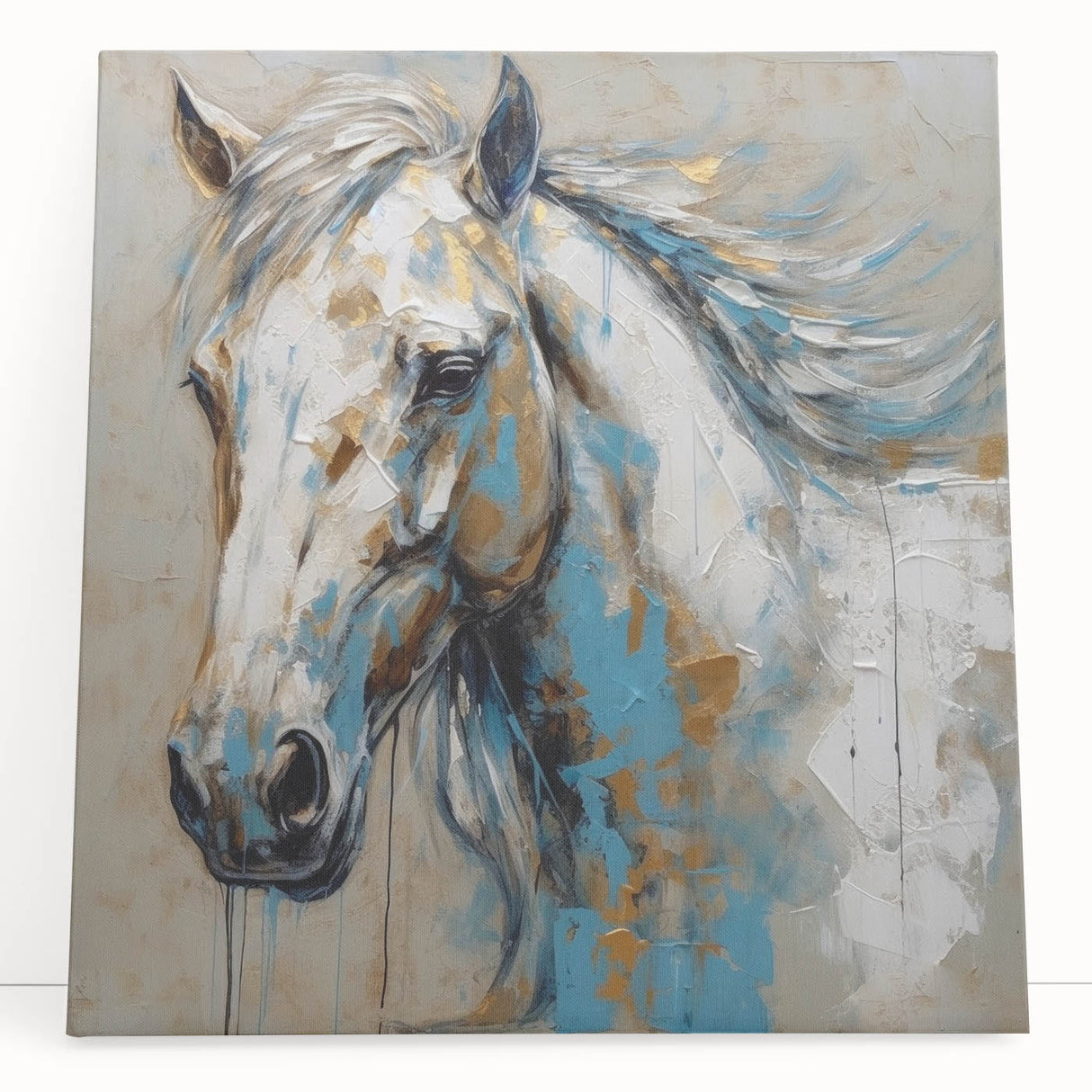 Stretched canvas wall art featuring a majestic wild horse design in earthy tones, showcasing detailed textures and natural elements, ideal for nature enthusiasts' decor.