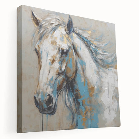 Stretched canvas wall art showcasing a side view of a majestic horse in a vibrant wild landscape, perfect for animal lovers and home decor enthusiasts.