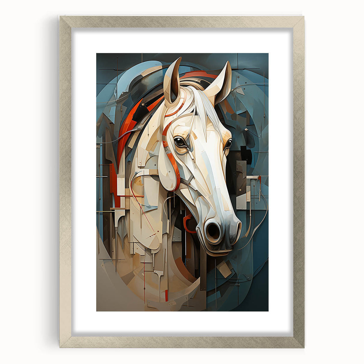 Framed wall art featuring a striking horse design, set in a silver frame with a mat, perfect for enhancing any room's decor with a touch of elegance.