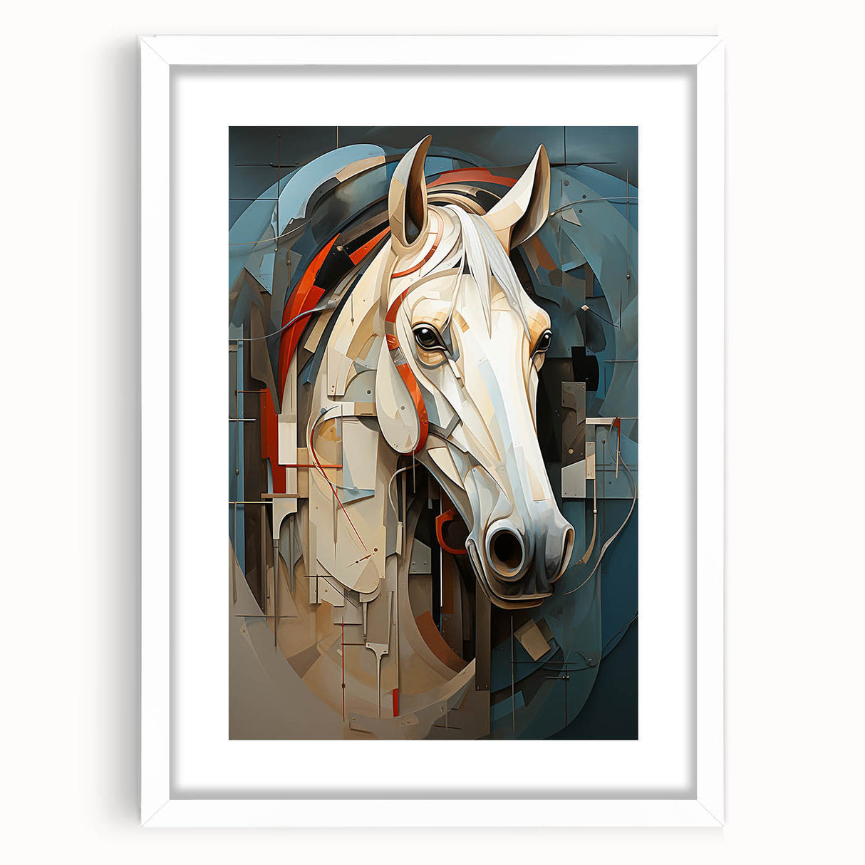 Framed wall art featuring a majestic horse design in a white mat, showcasing intricate details and vibrant colors, ideal for animal lovers and home decor enthusiasts.