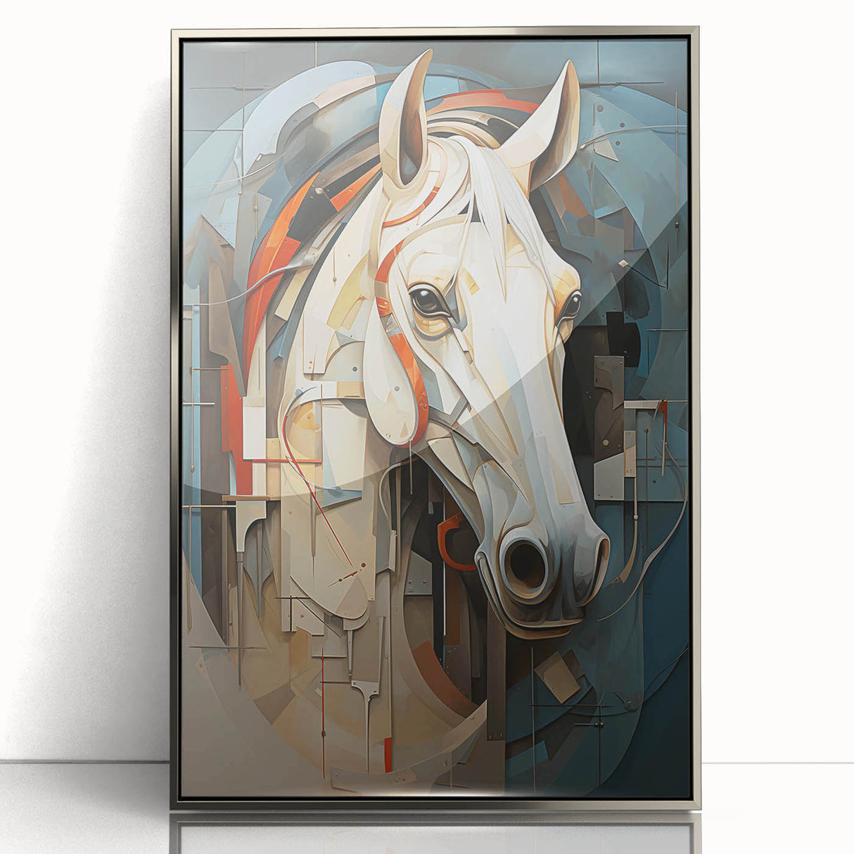 Framed wall art featuring a striking silver-accented horse design, showcasing intricate details and vibrant colors, perfect for home decor. This acrylic piece adds a modern touch to any space, blending elegance with a wild aesthetic.