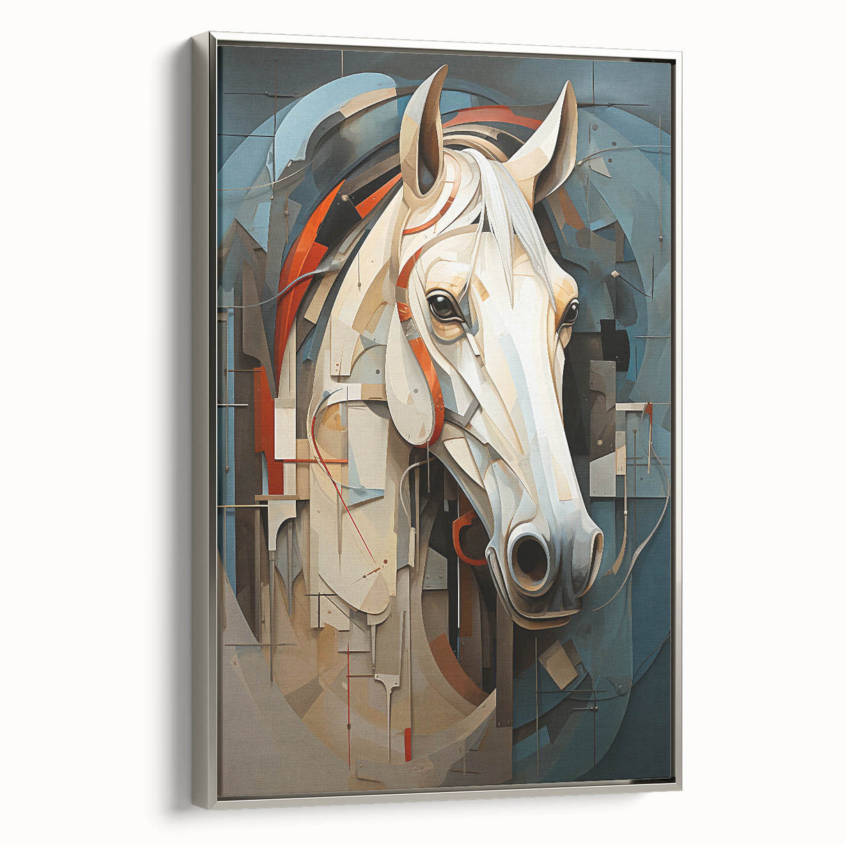 Framed canvas wall art showcasing a majestic silver horse design in profile, ideal for animal lovers and home decor enthusiasts, adding elegance to any space.