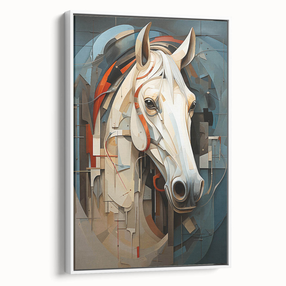 Framed canvas wall art depicting a realistic white horse in a side view, showcasing detailed features and elegant posture, perfect for equine enthusiasts and home decor.