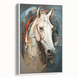 Framed canvas wall art depicting a realistic white horse in a side view, showcasing detailed features and elegant posture, perfect for equine enthusiasts and home decor.