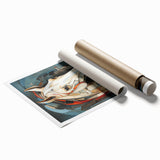 Stunning rolled wall art print featuring a majestic horse design in vibrant colors, perfect for animal lovers and home decor enthusiasts, elegantly packaged for easy display.