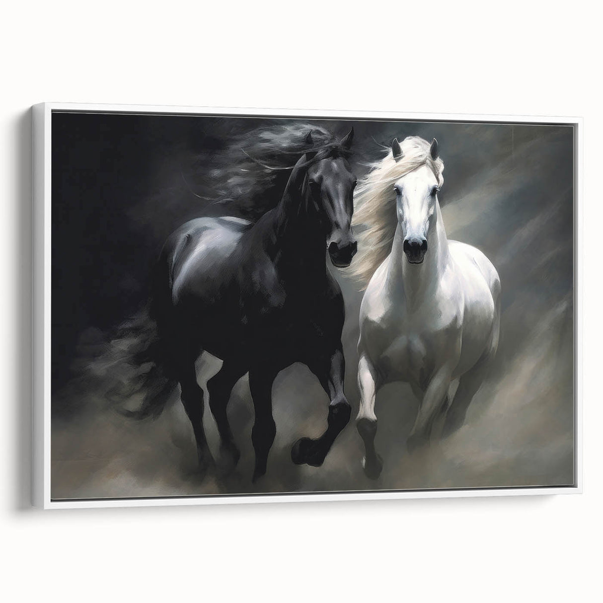 Framed wall art featuring a white horse in a serene side view against a minimalist background, perfect for equestrian-themed decor, adding elegance to any space.