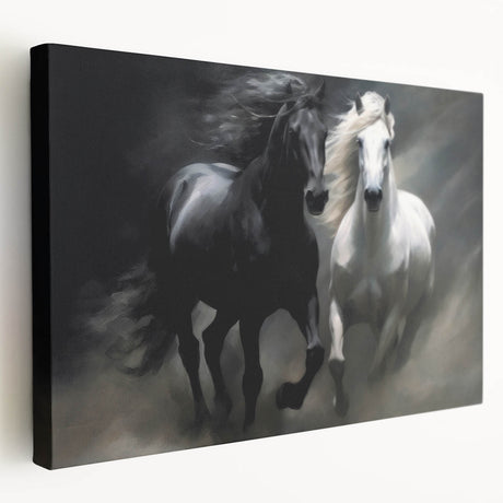 Stretched canvas wall art showcasing a detailed side view of a majestic wild horse, emphasizing its powerful stance and natural beauty, perfect for equine enthusiasts and home decor.