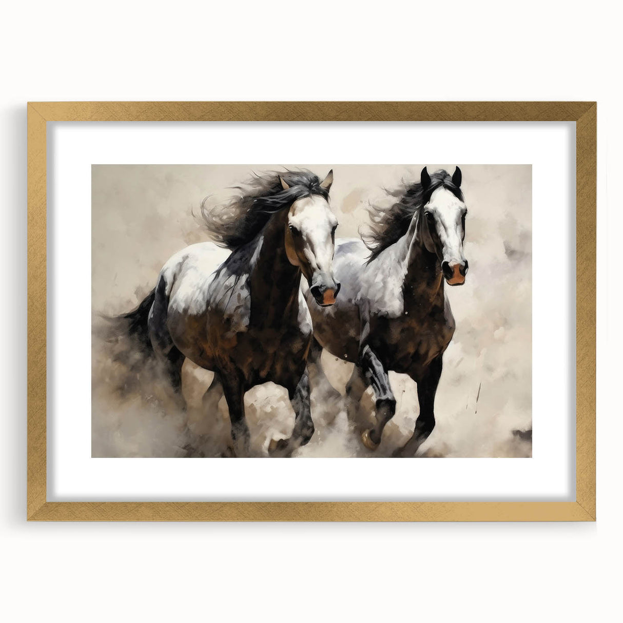Gold-framed wall art featuring a stunning horse design from the 'Animals - A Wild Life' collection, ideal for elevating home decor with its elegant aesthetic and eye-catching detail.
