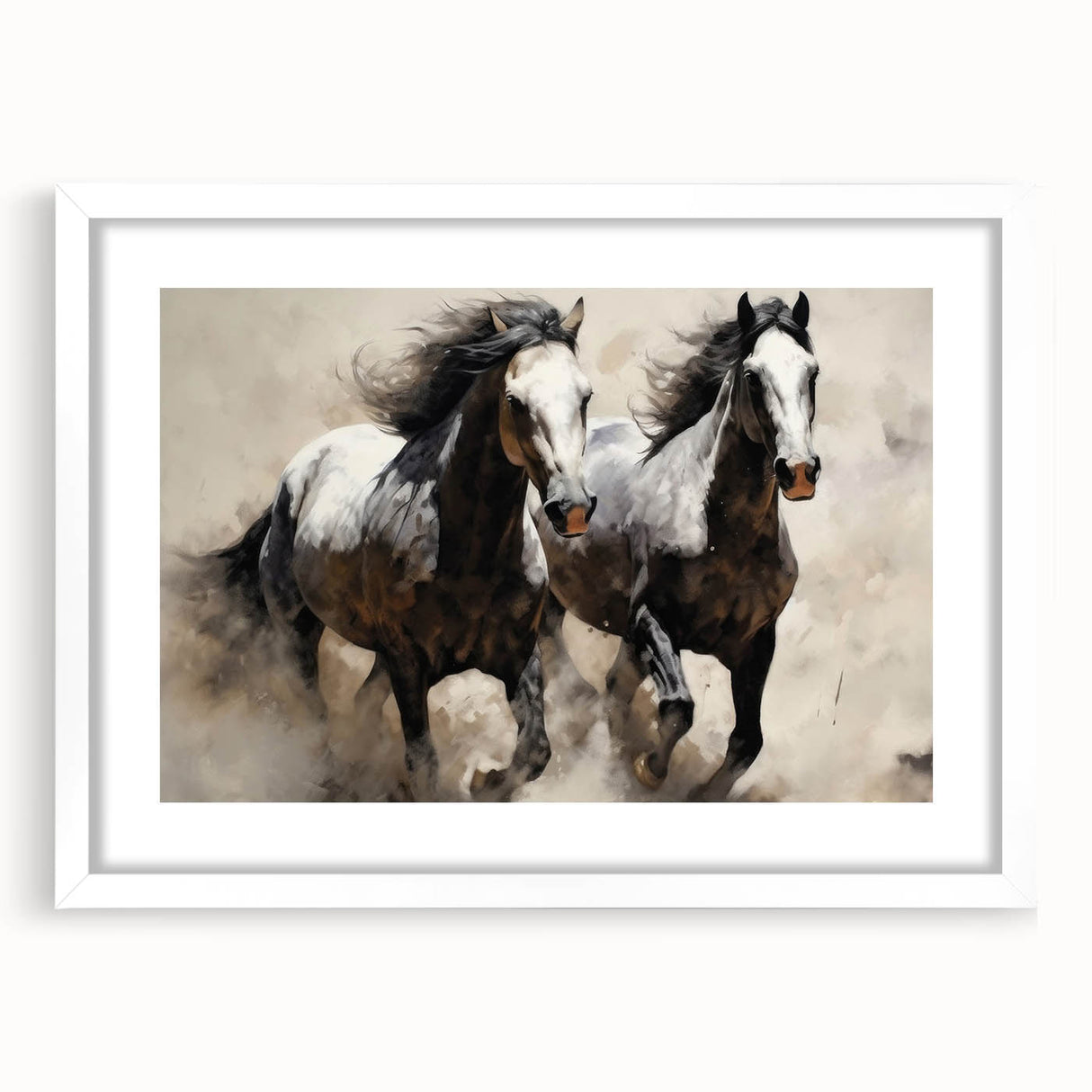 Framed wall art featuring a majestic horse design in a white matte frame, showcasing intricate details and vibrant colors, perfect for animal lovers and home decor enthusiasts.