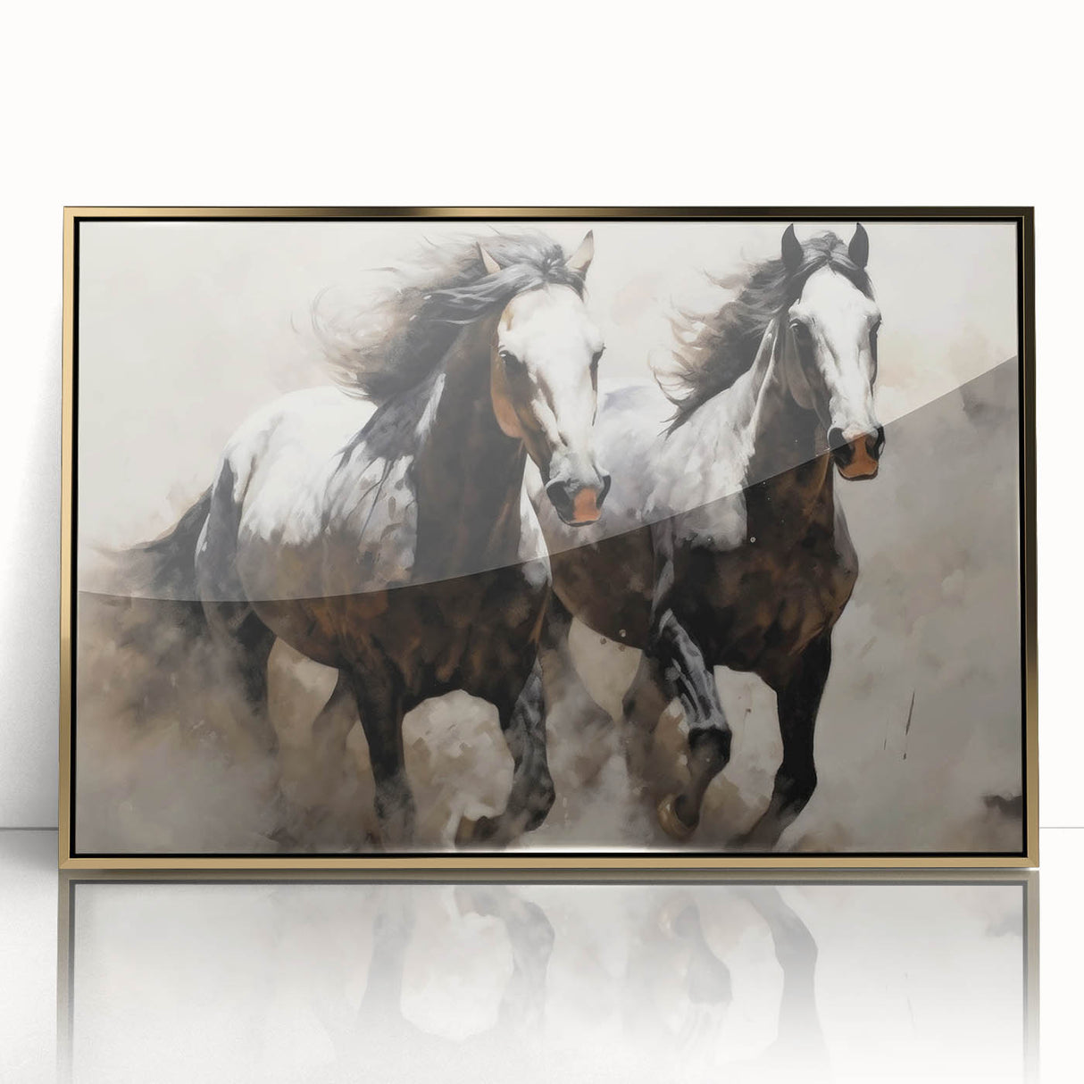 Framed wall art featuring a striking gold-accented design of a wild horse in a natural setting, perfect for equestrian-themed decor and animal lovers.