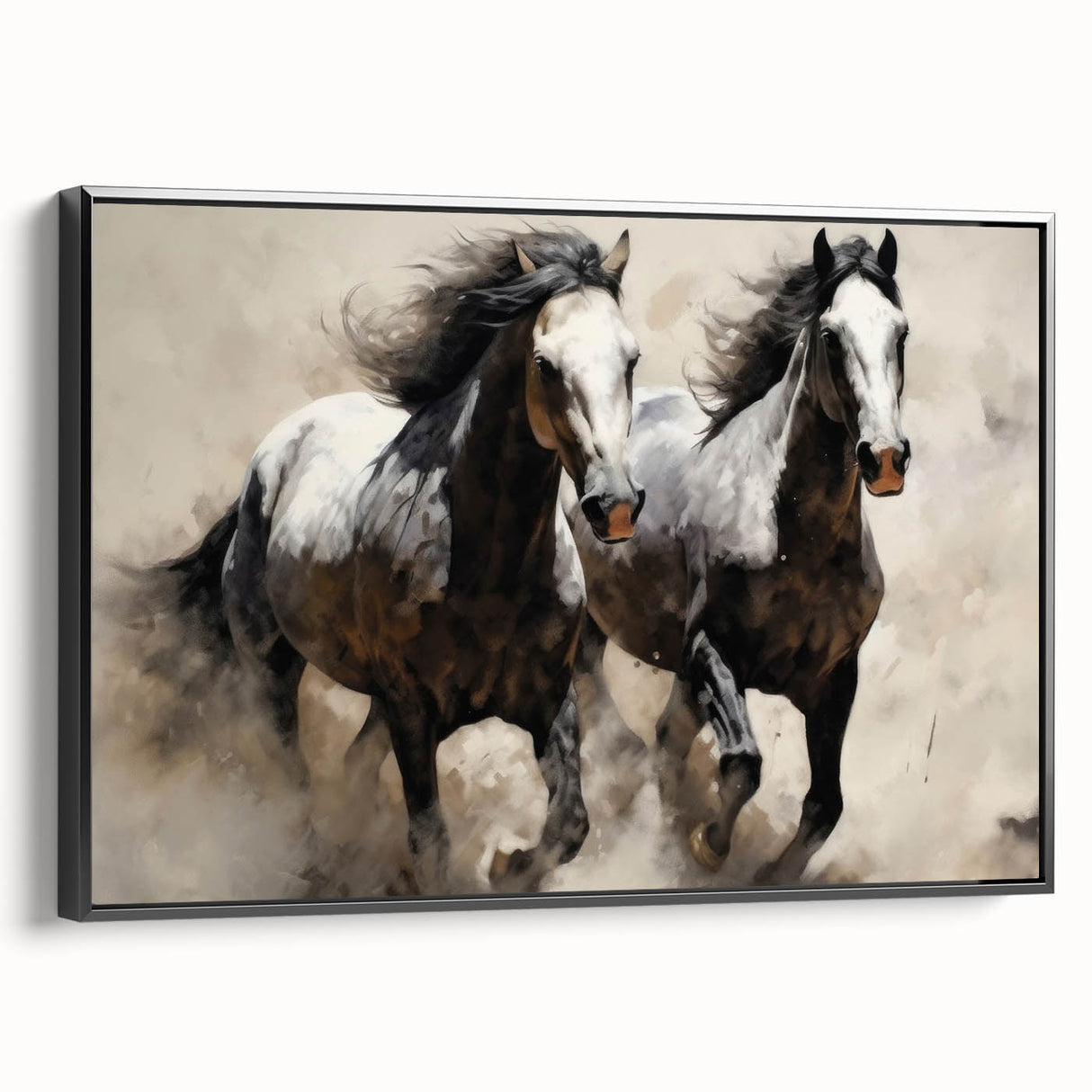 Framed canvas wall art showcasing a black horse in a side view, featuring intricate details and rich textures, perfect for animal lovers and modern decor enthusiasts.