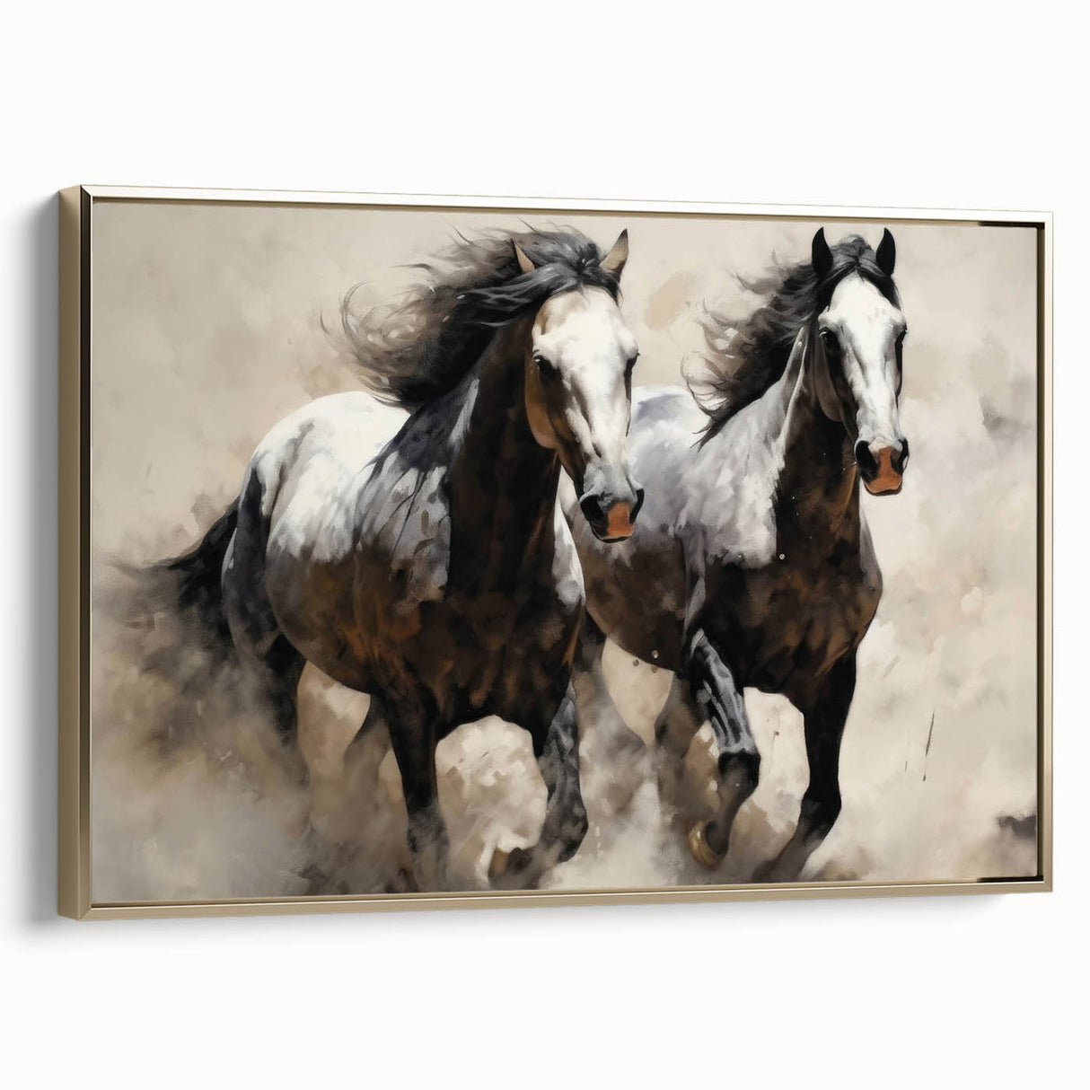 Framed canvas wall art featuring a side view of a majestic wild horse with a golden hue, perfect for nature lovers and home decor enthusiasts. Ideal for animal-themed interiors, this striking piece adds elegance and warmth to any space.
