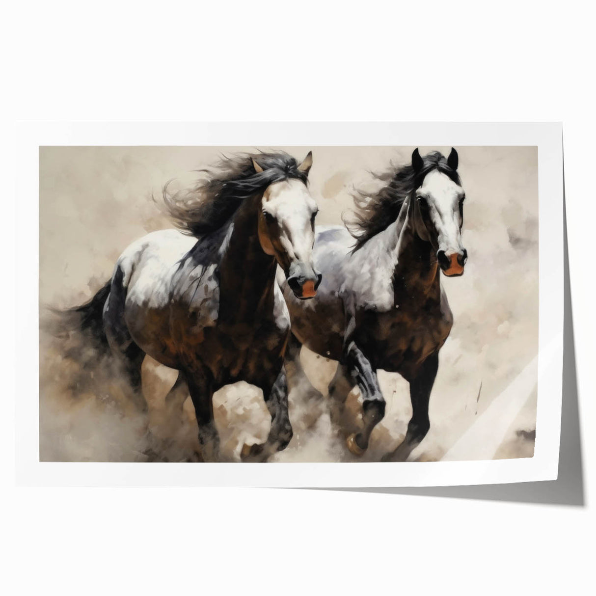 Vibrant wall art depicting a majestic horse in a wild landscape, showcasing rich colors and dynamic movement, perfect for equine enthusiasts and home decor.