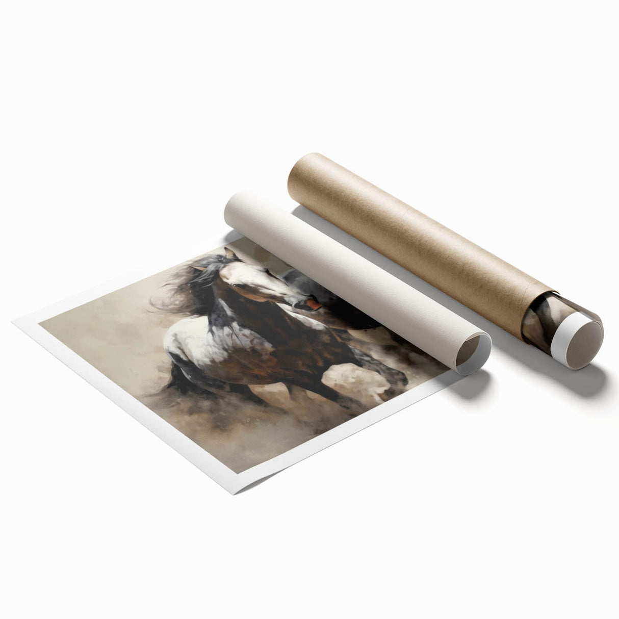 A rolled print of a majestic horse design, showcasing vibrant colors and intricate details, perfect for animal lovers and art enthusiasts, packaged securely for delivery.