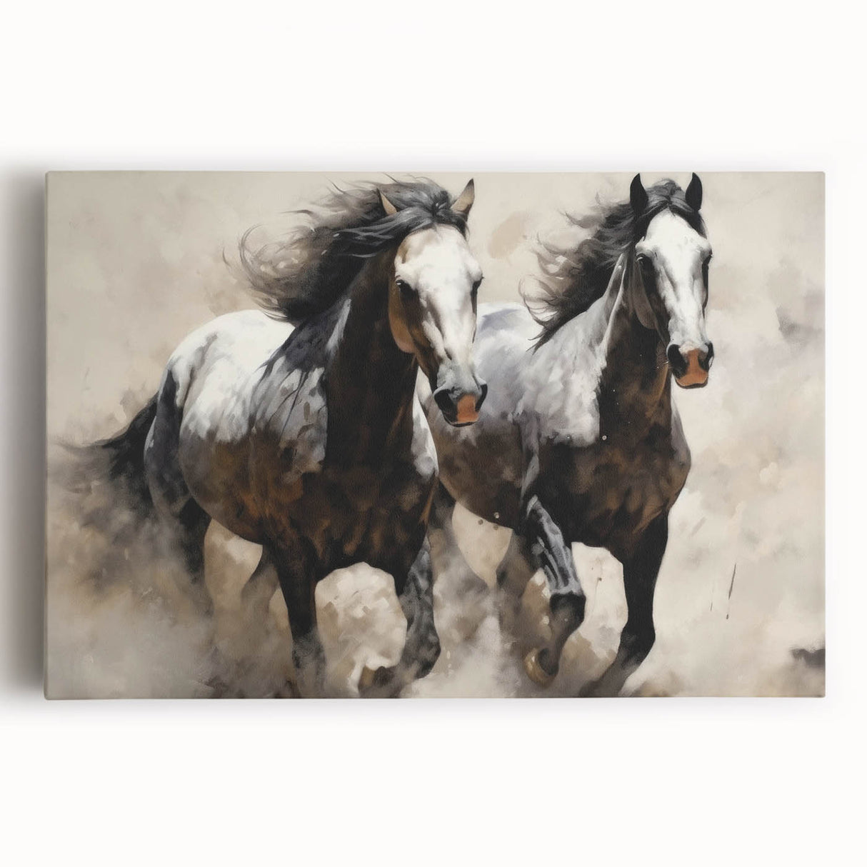 Stretched canvas wall art featuring a majestic horse design, showcasing a vivid color palette and intricate detailing, perfect for equestrian-themed decor.