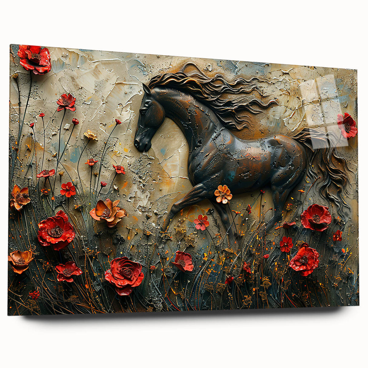 Acrylic wall art featuring a majestic side view of a wild horse in a vibrant natural setting, showcasing intricate details and colors, perfect for animal lovers and home decor.