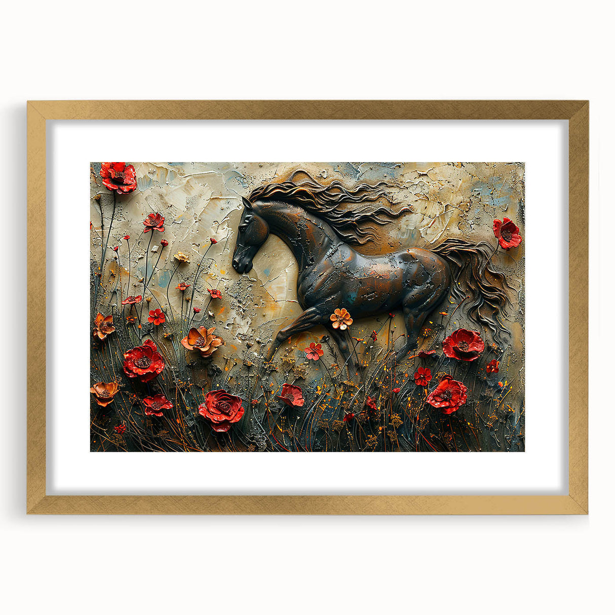 Elegant gold-framed wall art featuring a stunning horse design, perfect for animal lovers, with a sophisticated mat and luxurious finish, ideal for home decor.