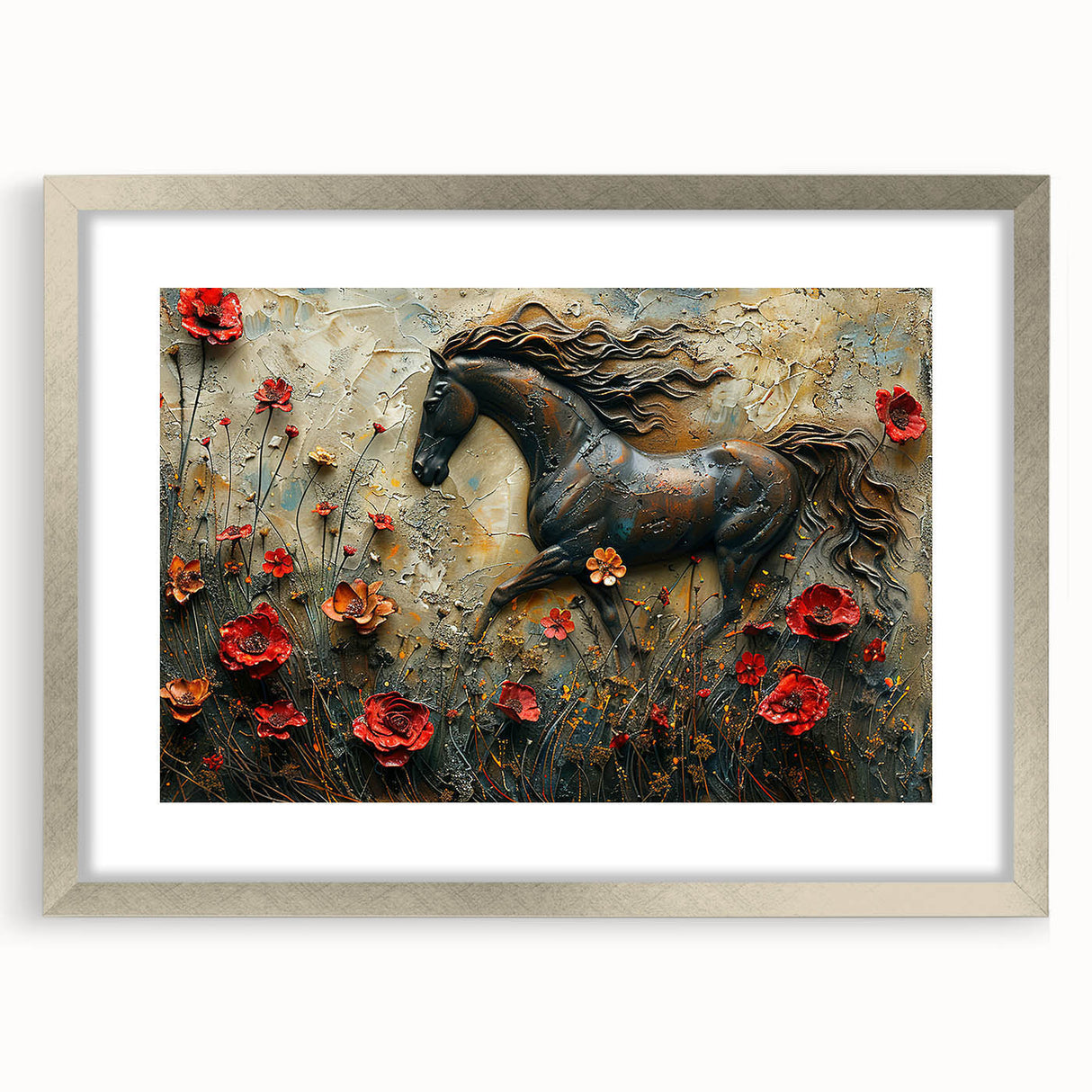 Framed wall art featuring a silver mat showcasing a stunning horse design, perfect for home decor. Ideal for animal lovers looking to enhance their space.