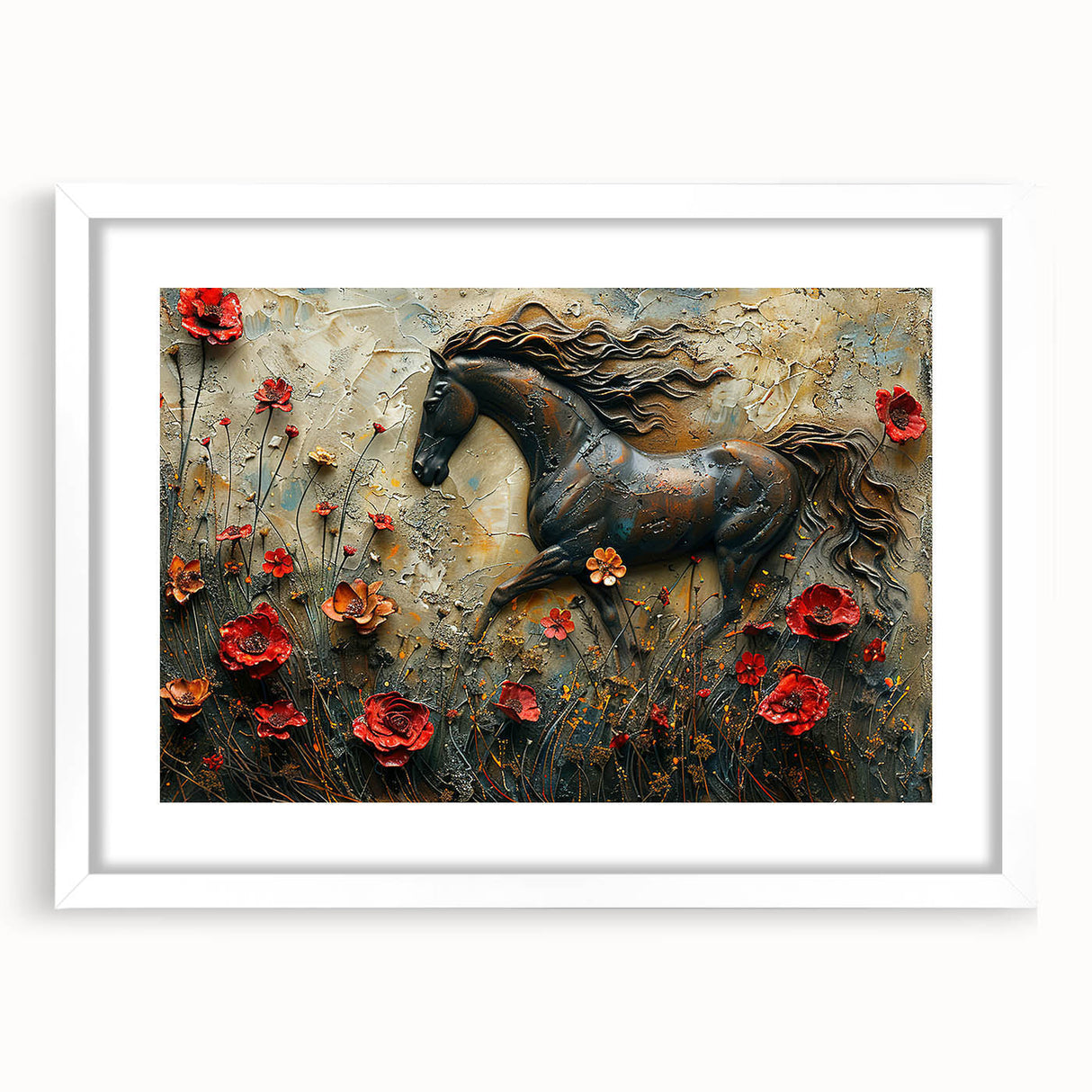 Framed wall art depicting a striking horse design from the "Animals A Wild Life" collection, featuring a white mat and modern aesthetic, ideal for home decor.