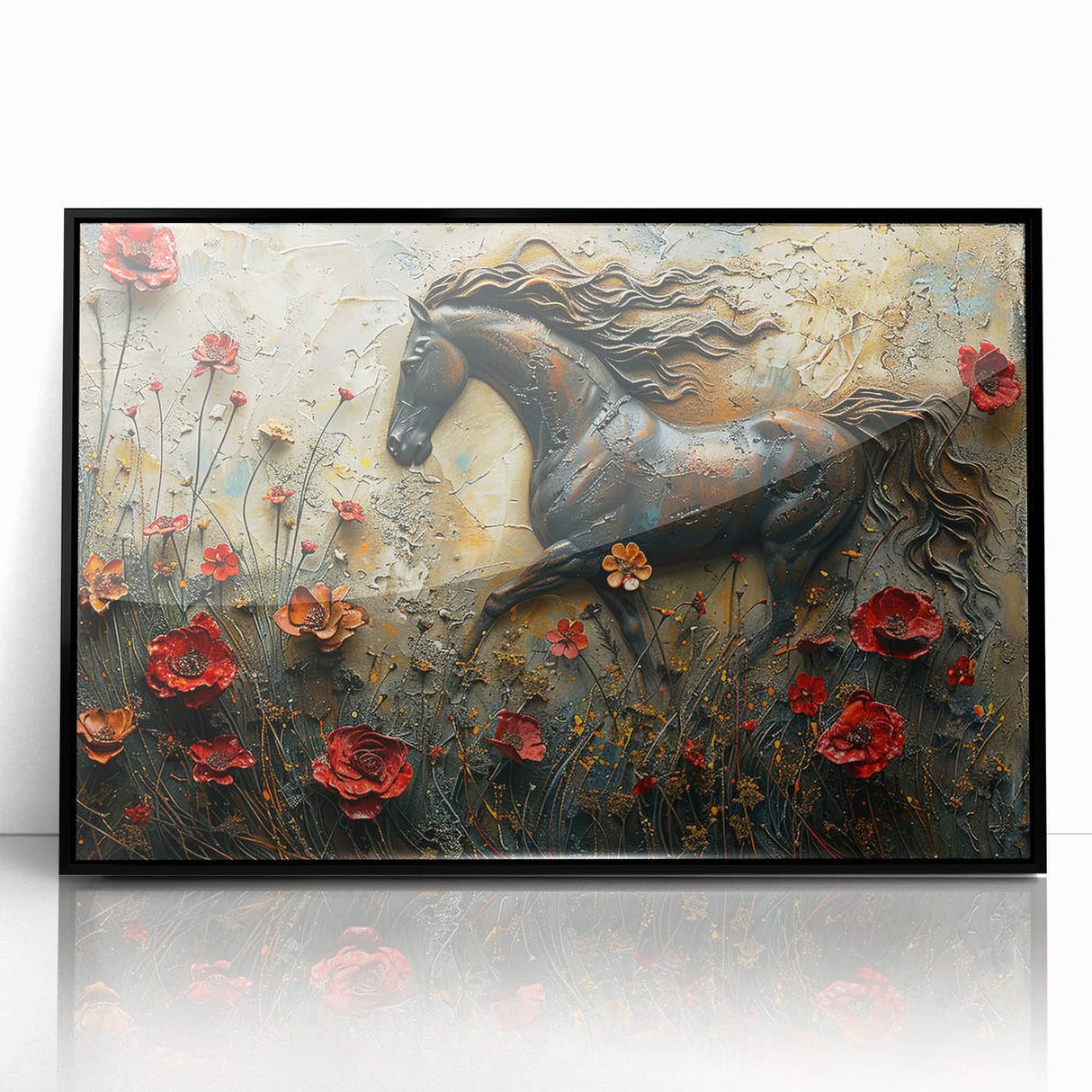 Framed acrylic wall art featuring a striking horse design in black, showcasing a modern aesthetic perfect for animal lovers and home decor enthusiasts.