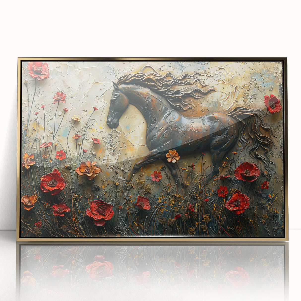 Framed acrylic wall art featuring a striking gold and black horse design, showcasing intricate details and elegant lines, perfect for animal lovers and home decor enthusiasts.