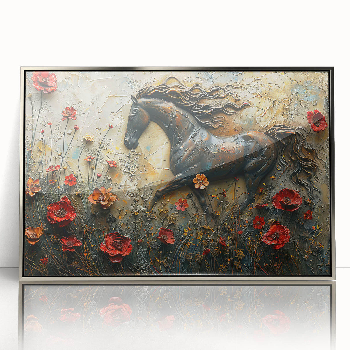 Framed wall art showcasing a stunning silver-accented horse design, perfect for animal lovers and modern decor enthusiasts, set against a sleek acrylic background.
