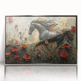 Framed wall art showcasing a stunning silver-accented horse design, perfect for animal lovers and modern decor enthusiasts, set against a sleek acrylic background.