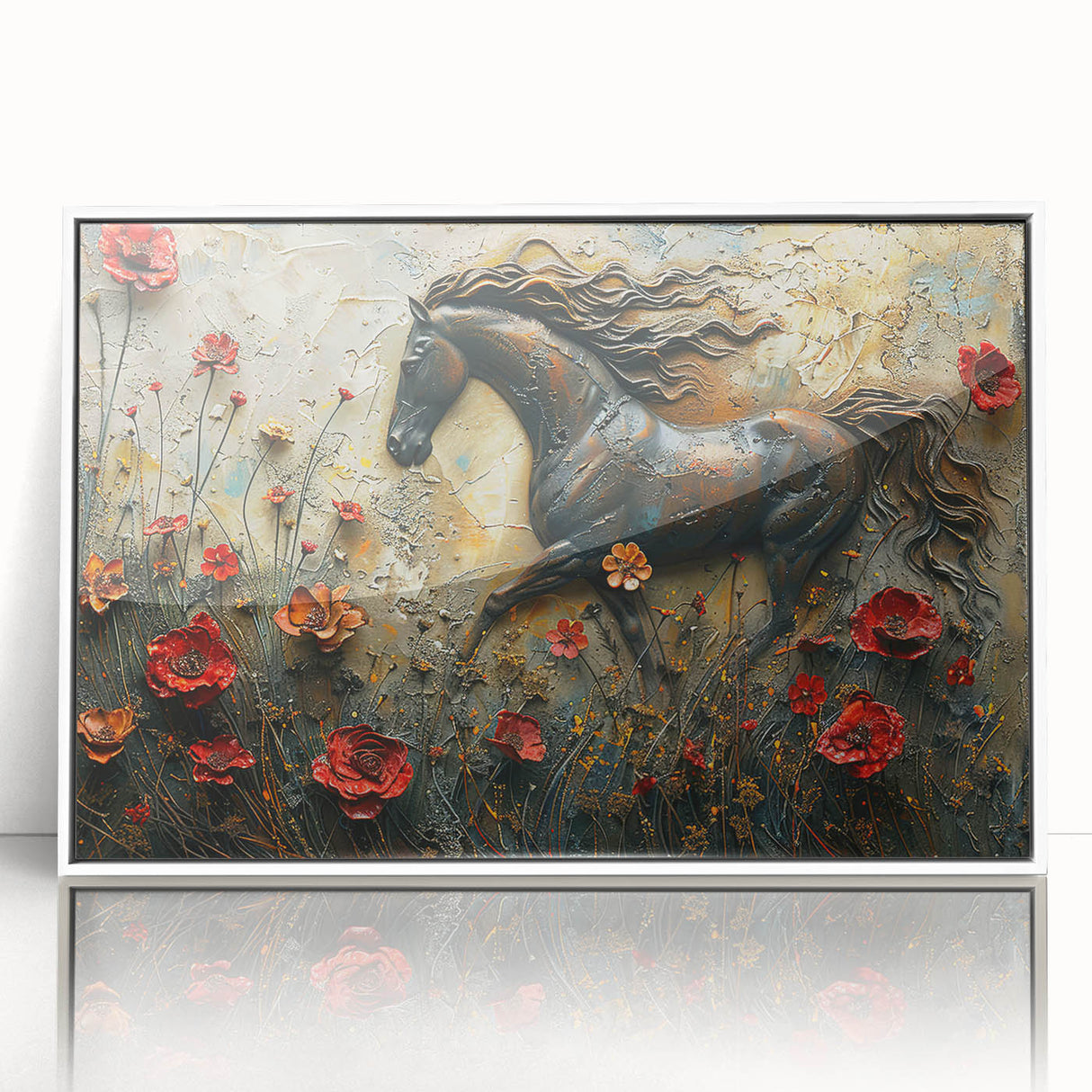 Framed wall art featuring a stunning horse design in a wild life theme, showcasing vibrant colors and intricate details, ideal for animal lovers and home decor enthusiasts.