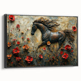 Framed canvas wall art showcasing a detailed black-and-white horse design, side view, perfect for animal lovers and modern decor enthusiasts. This stylish piece adds a sophisticated touch to any living space or office environment, enhancing the overall aesthetic with its artistic flair.