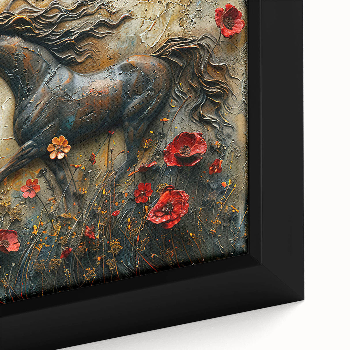 Close-up of a framed canvas wall art featuring a majestic horse design, showcasing intricate details and vibrant colors, perfect for animal lovers and home decor enthusiasts.