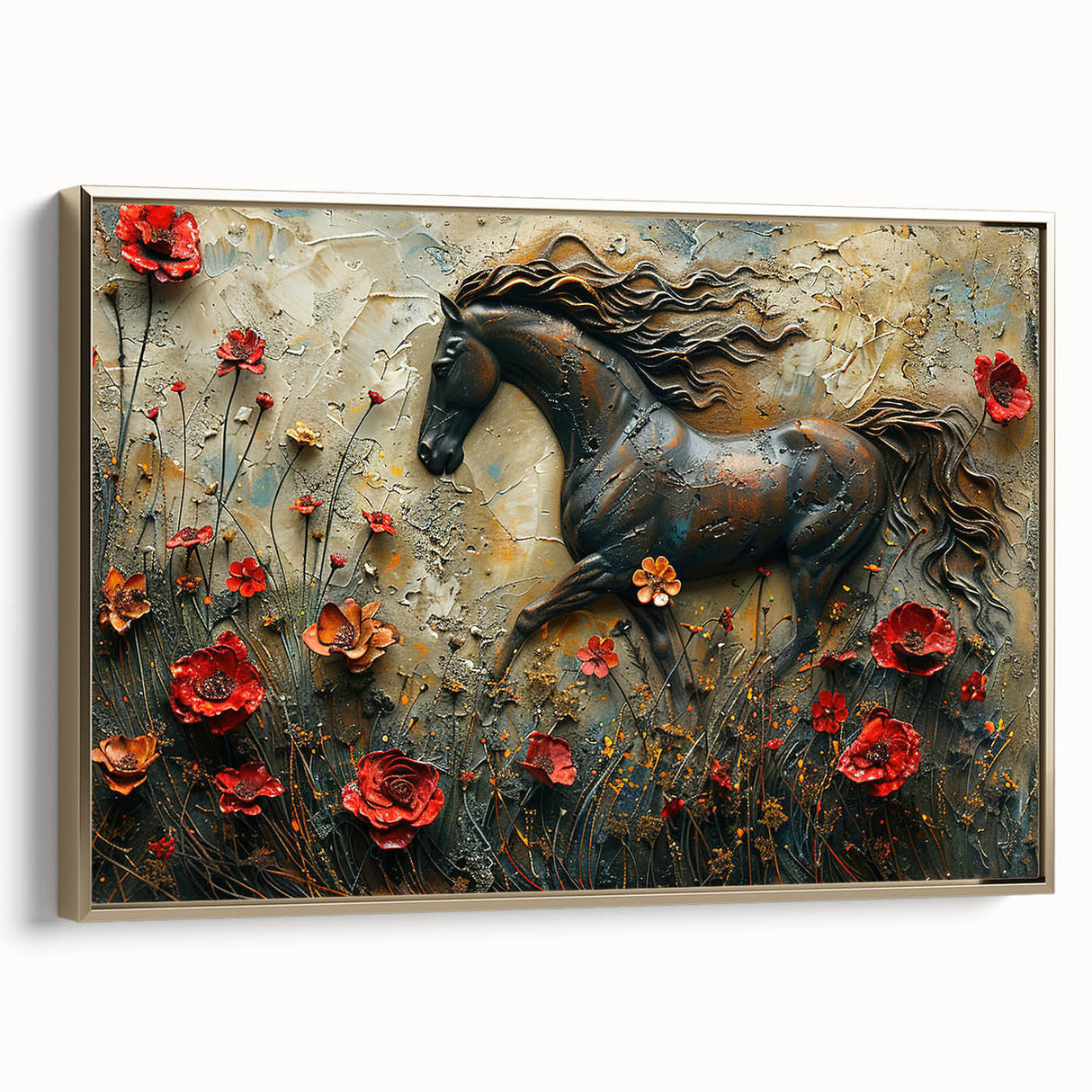 Framed canvas wall art featuring a stylish side view of a horse design in gold, showcasing intricate details and elegant lines, perfect for animal lovers and home decor enthusiasts.