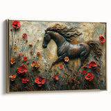 Framed canvas wall art featuring a stylish side view of a horse design in gold, showcasing intricate details and elegant lines, perfect for animal lovers and home decor enthusiasts.