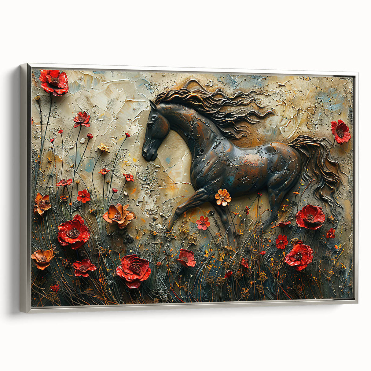 Framed wall art showcasing a silver side view of a majestic horse, designed for animal lovers, adding elegance to any modern decor setting.