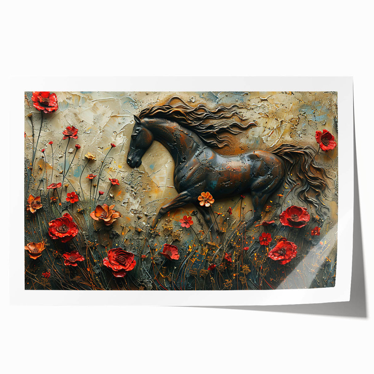 Wildlife-themed wall art featuring a majestic horse in a vibrant landscape, printed on quality canvas for home decor, designed to inspire nature lovers.
