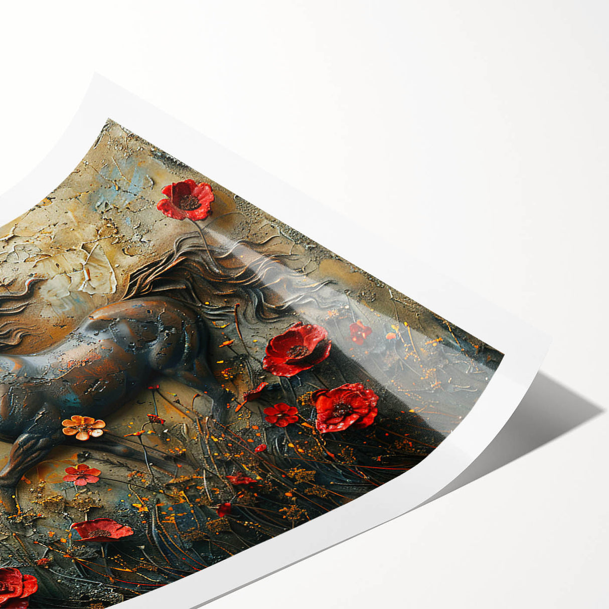 Artistic rolled print of a wild horse design, showcasing vibrant colors and dynamic movement, ideal for animal lovers and home decor enthusiasts.