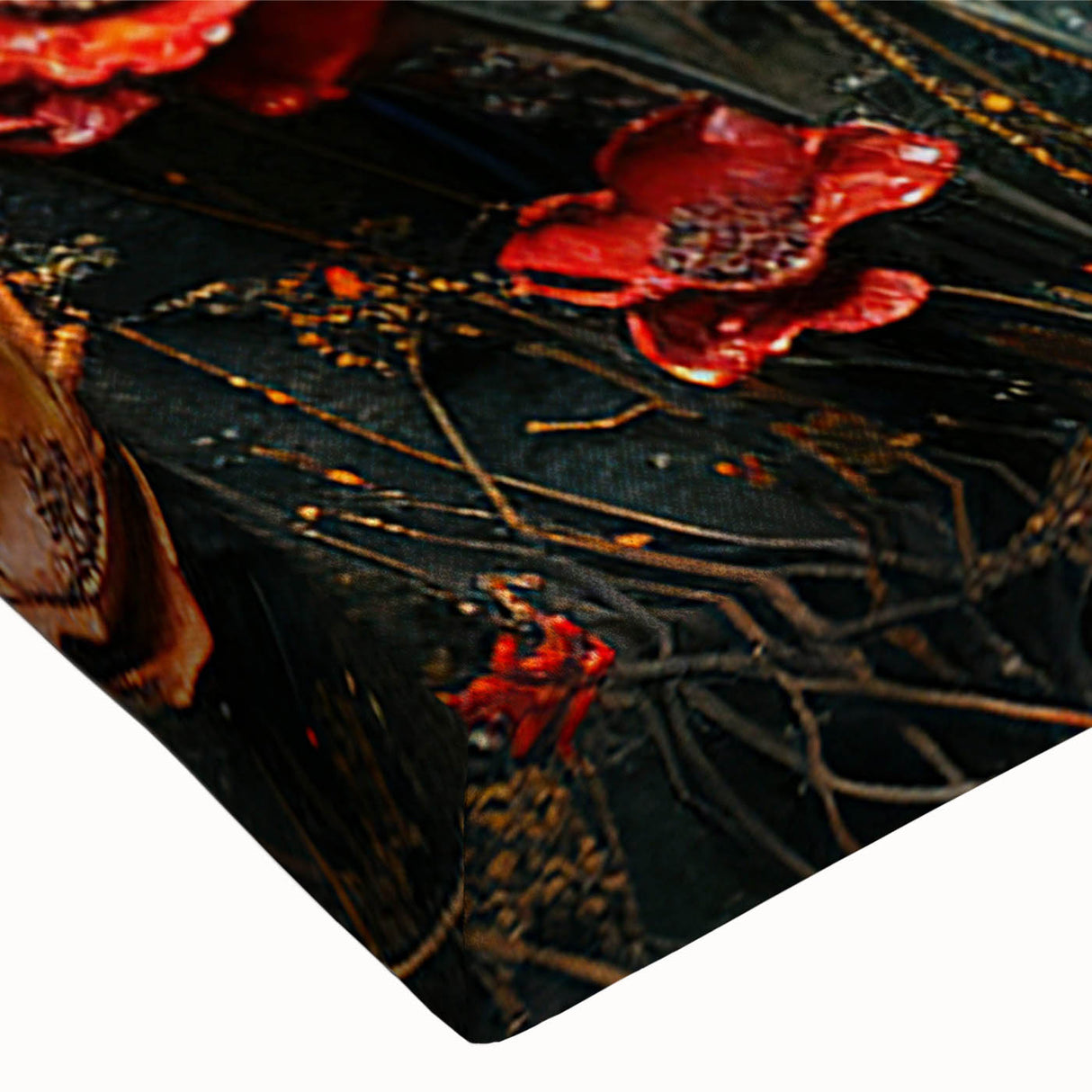 Close-up of a stretched canvas wall art featuring a vibrant horse design, showcasing intricate details and rich colors, perfect for animal lovers' home decor.