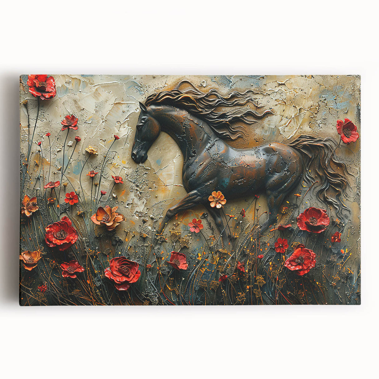 Front view of a stretched canvas wall art featuring a detailed horse design, showcasing rich colors and textures, perfect for animal lovers and home decor enthusiasts.