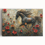 Front view of a stretched canvas wall art featuring a detailed horse design, showcasing rich colors and textures, perfect for animal lovers and home decor enthusiasts.