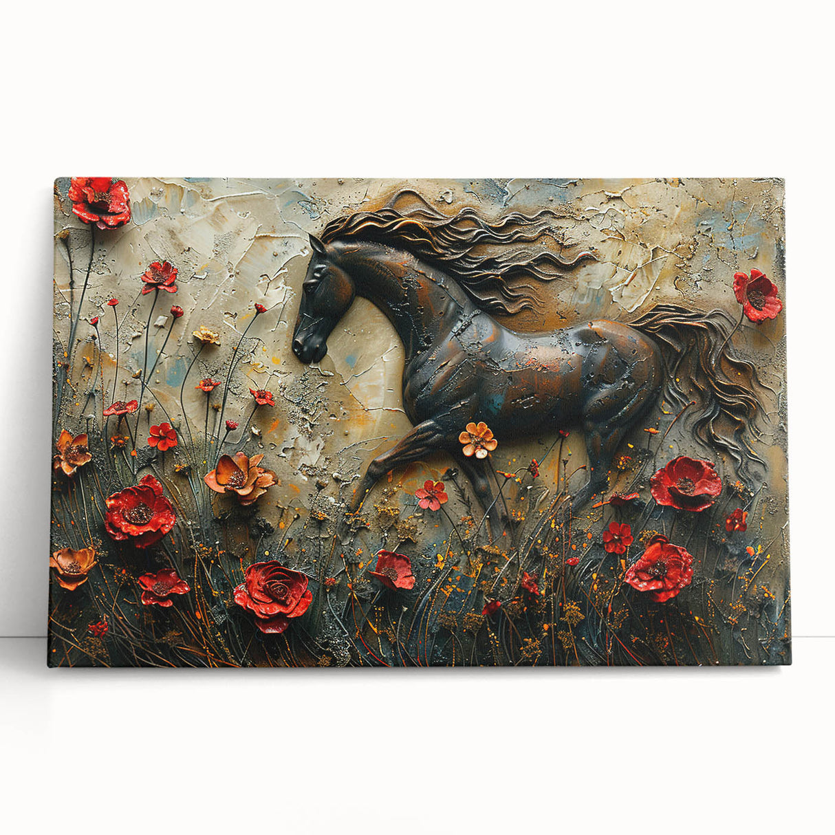 Stretched canvas wall art featuring a striking horse design, showcasing vibrant colors and intricate details, perfect for enhancing any living space or office decor.
